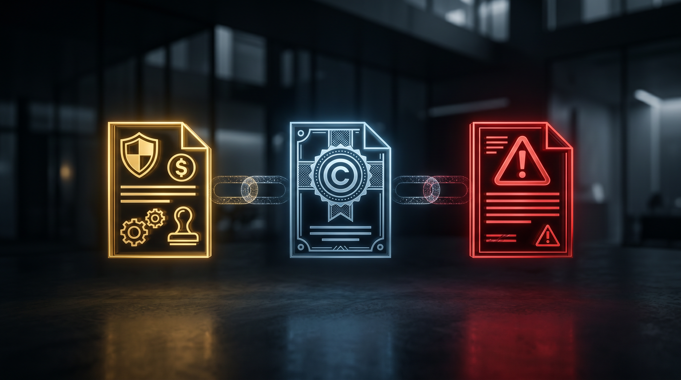 Three abstract license documents — commercial license in gold, copyright certificate in steel blue, cease-and-desist in red