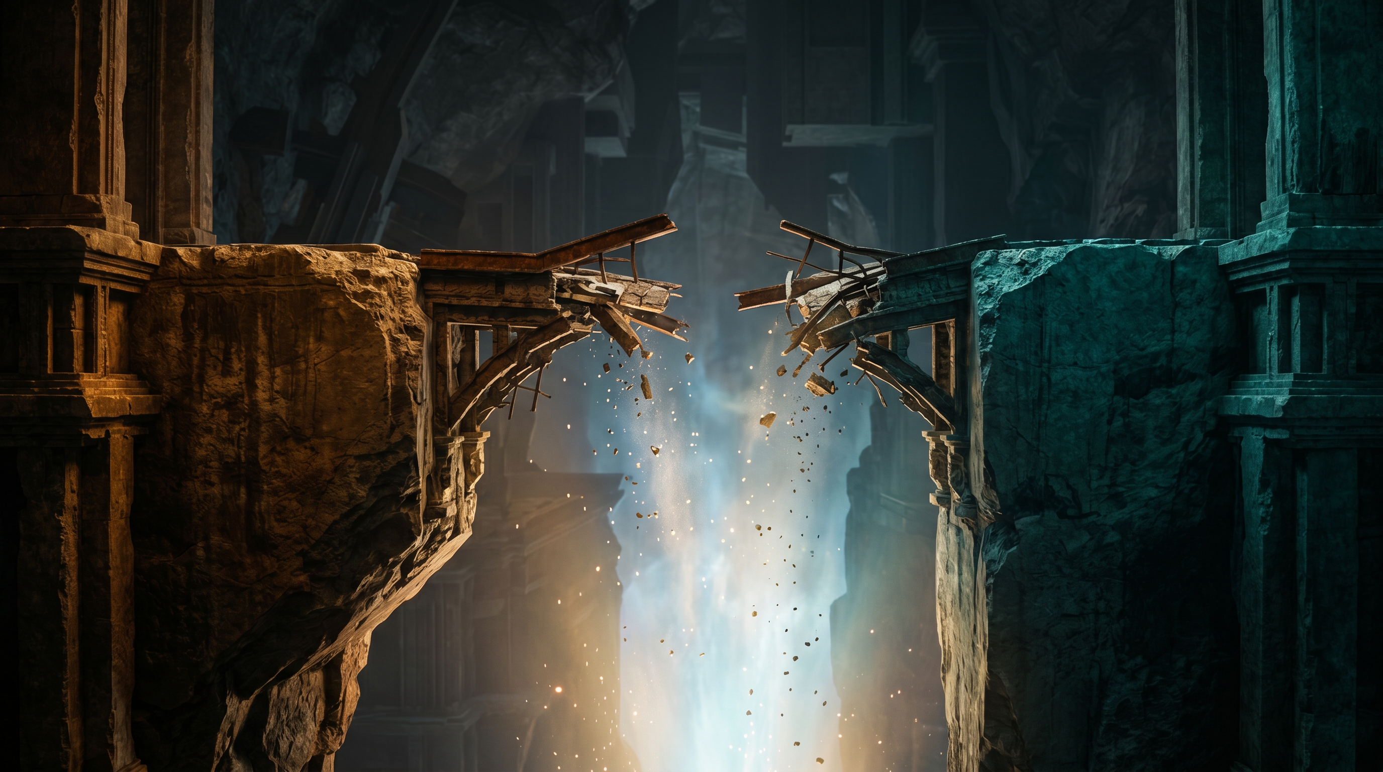 The copyright gap — two solid platforms separated by a glowing void, bridge fragments not quite connecting