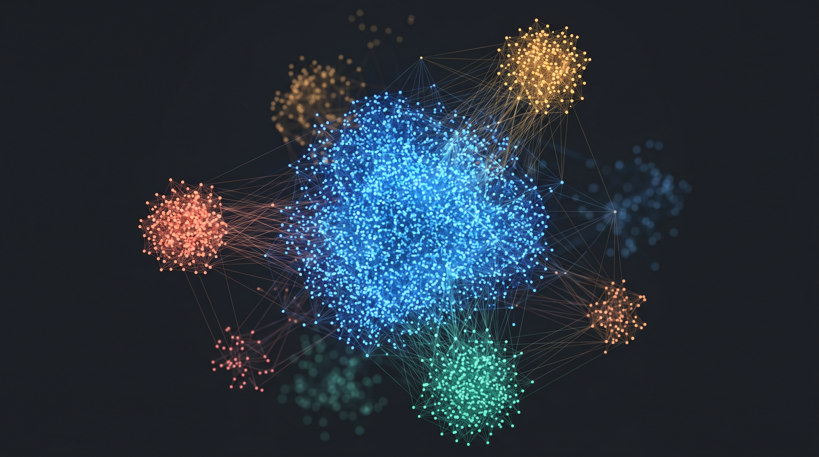 Visualization of semantic clusters in AI music embedding space — one large generic cluster in the center surrounded by smaller, more specific clusters