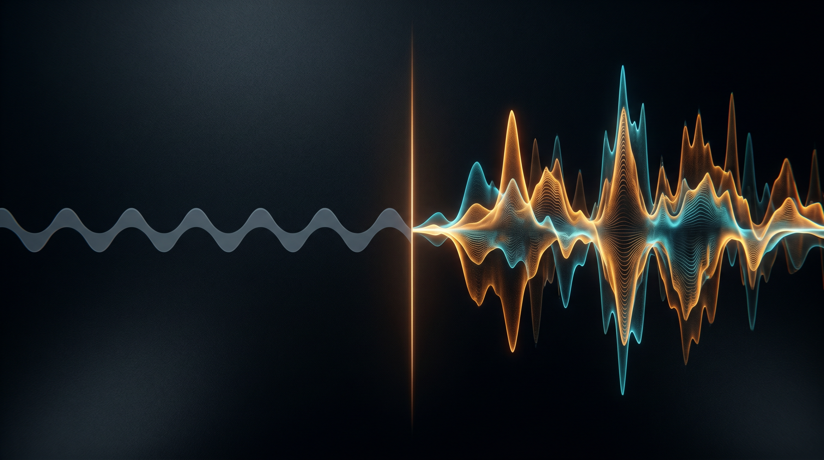 Generic vs. specific prompt output — flat uniform waveform on the left, rich textured waveform on the right